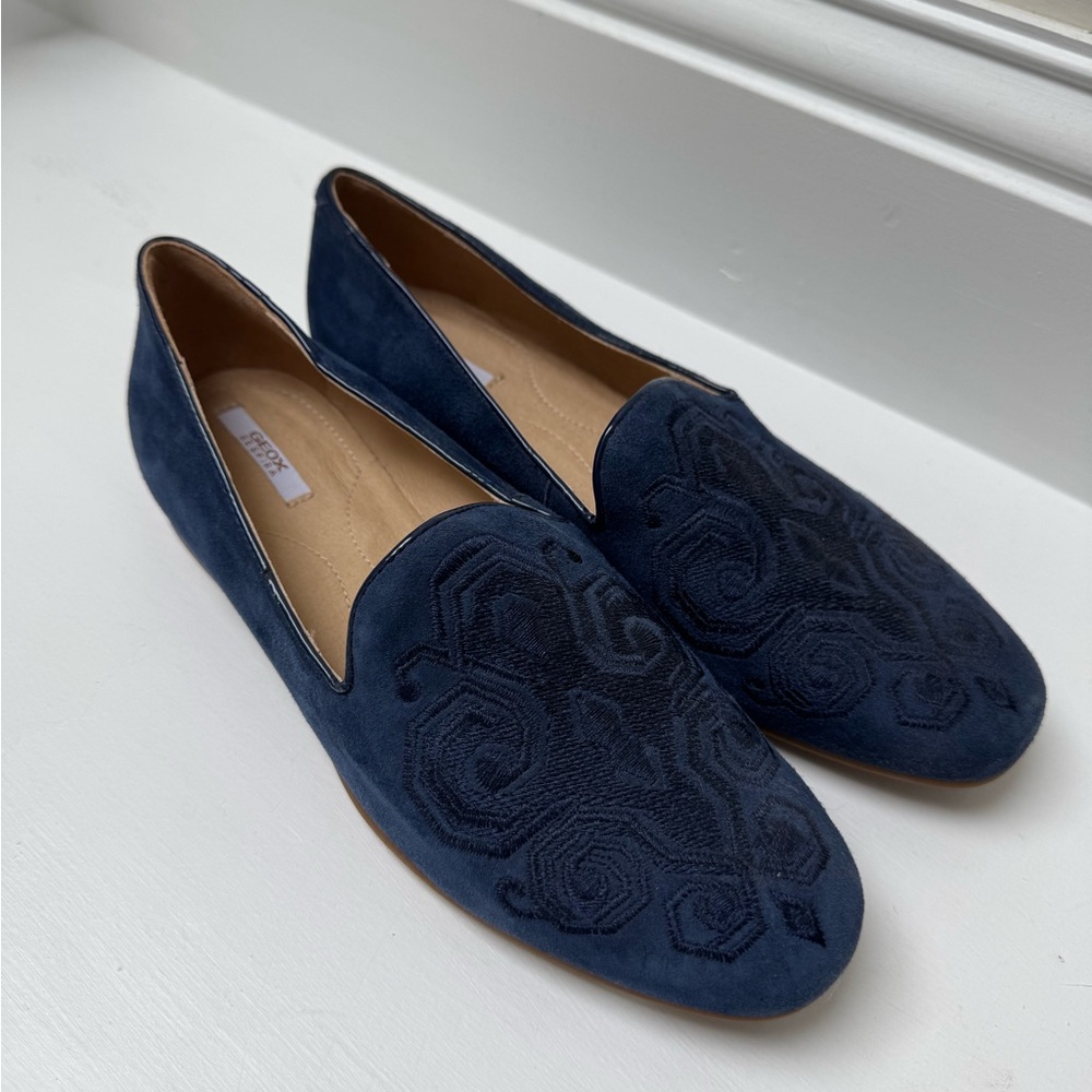 Geox Navy Suede Embroidered Women's Loafers